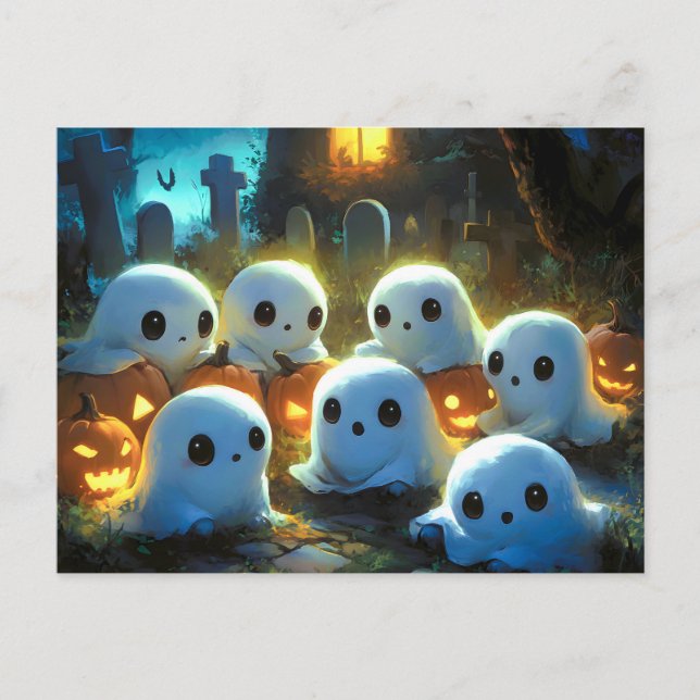 Spooky Night Cemetery Cute Halloween Ghost Helg Vykort (Framsida)