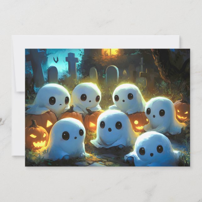 Spooky Night Cemetery Cute Halloween Ghost Julkort (Framsida)