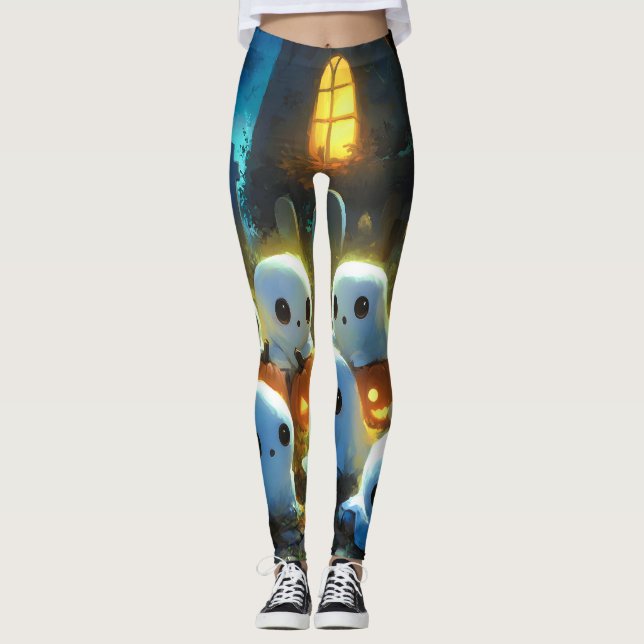Spooky Night Cemetery Cute Halloween Ghost Leggings (Framsida)