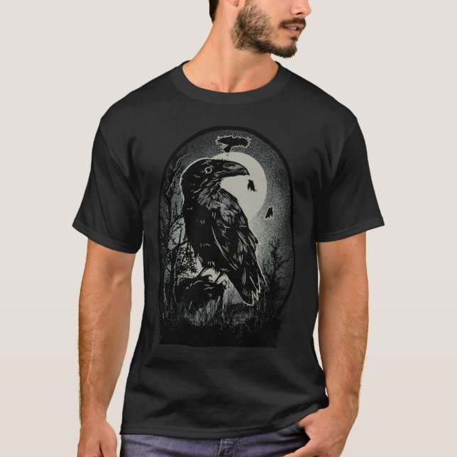 Spooky Night Raven Birds Illustration T Shirt (Framsida)