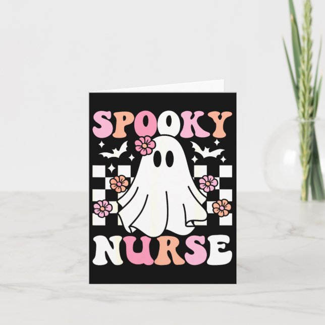 Spooky Nurse Halloween Ghost Costume Retro Groovy Kort (Framsida)