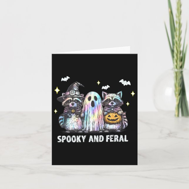 Spooky och Feral Raccoon Halloween Raccoon Ghost T Kort (Framsida)