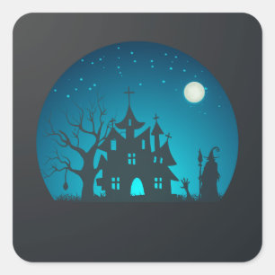 Spooky och Roligt Blue and Black Haunted House Fyrkantigt Klistermärke