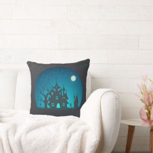 Spooky och Roligt Blue and Black Haunted House Kudde