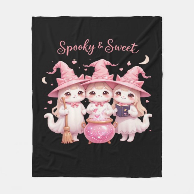 Spooky och Sweet Cute Witch Cat Oversized T-Shirt Fleecefilt (Framsidan)
