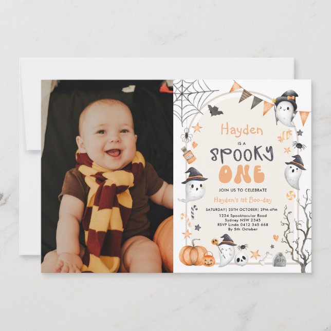 Spooky One Cute Ghost 1:a Birthday Photo Invation Inbjudningar (Framsida)