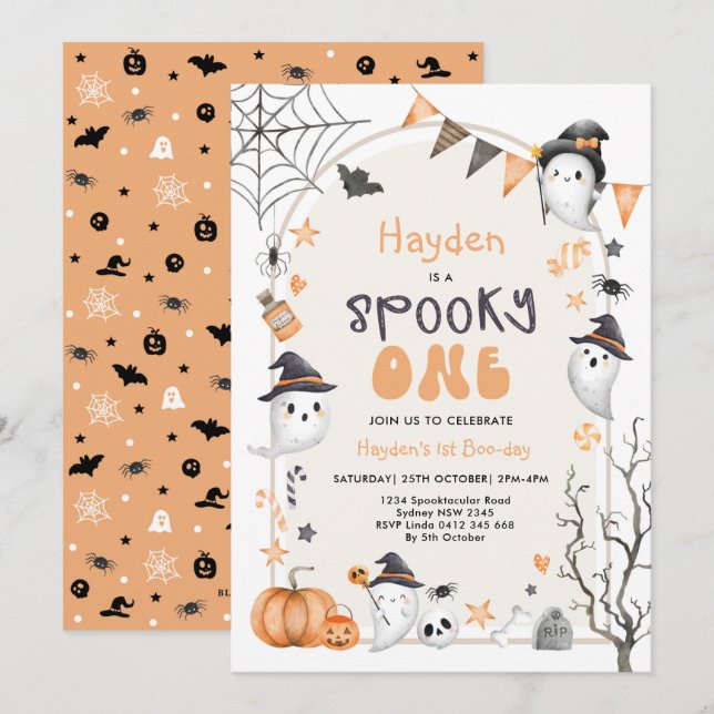 Spooky One Cute Ghost 1 Birthday Party bjudande Inbjudningar (Fram/baksida)