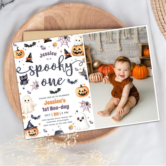 Spooky One Cute Halloween Ghost 1 Birthday Photo Inbjudningar (Skapare uppladdad)