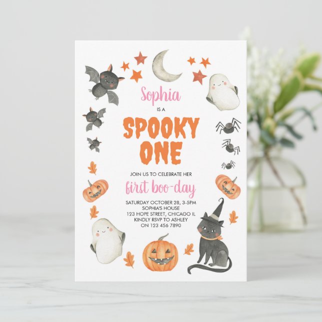 Spooky One Cute Halloween Ghost Girl 1st Birthday Inbjudningar (Stående Fram)