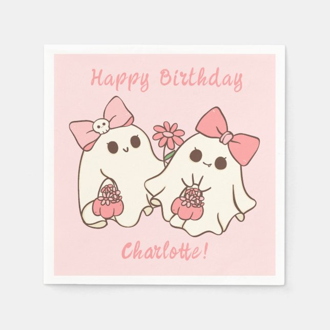 Spooky One Cute Rosa Ghost & Bows 1:a födelsedagen Pappersservett (Framsidan)