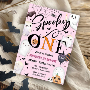 Spooky One Girl Rosa Halloween 1st Birthday Inbjudningar