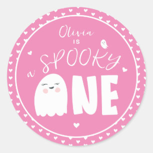 Spooky One Girls Rosa Ghost Halloween 1 födelsedag Runt Klistermärke