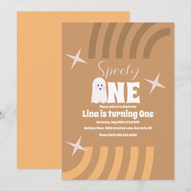 Spooky One Groovy Ghost Halloween Birthday Brown Inbjudningar (Fram/baksida)