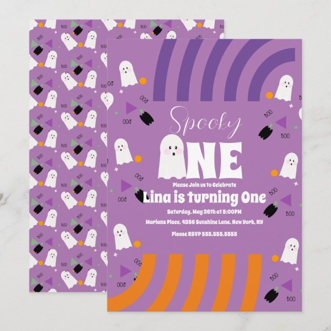 Spooky One Groovy Ghost Halloween Birthday Lila Inbjudningar (Fram/baksida)