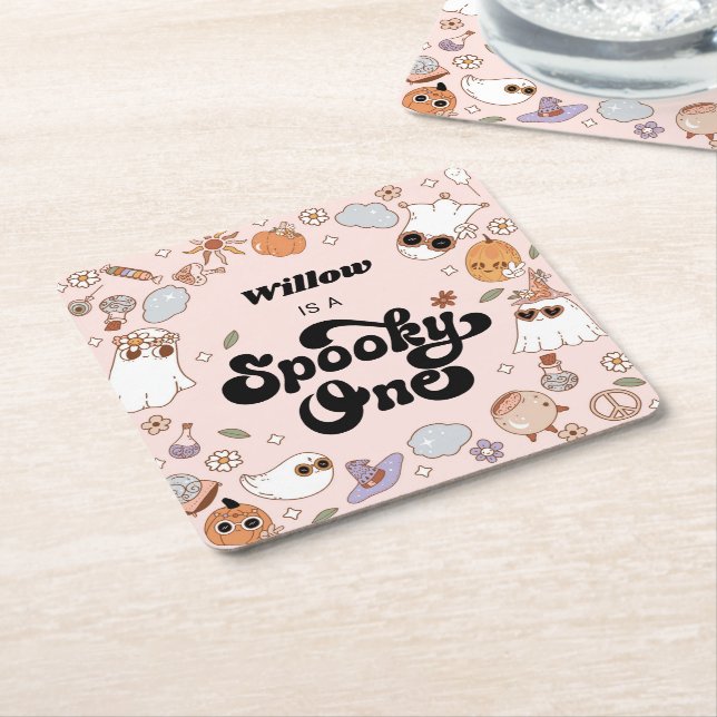 Spooky One Groovy Halloween 1:a födelsedagen Underlägg Papper Kvadrat (Vinklad)