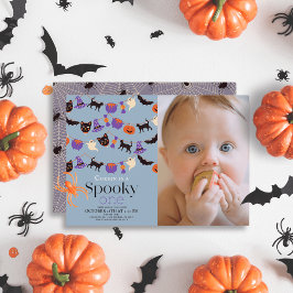 Spooky One Halloween Blue 1 Birthday Photo Inbjudningar