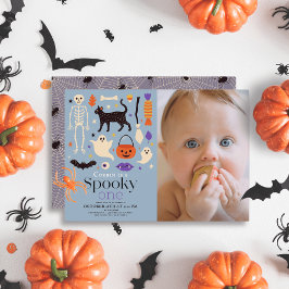 Spooky One Halloween Blue 1 Birthday Photo Inbjudningar