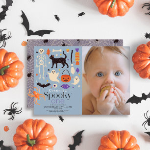 Spooky One Halloween Blue 1 Birthday Photo Inbjudningar