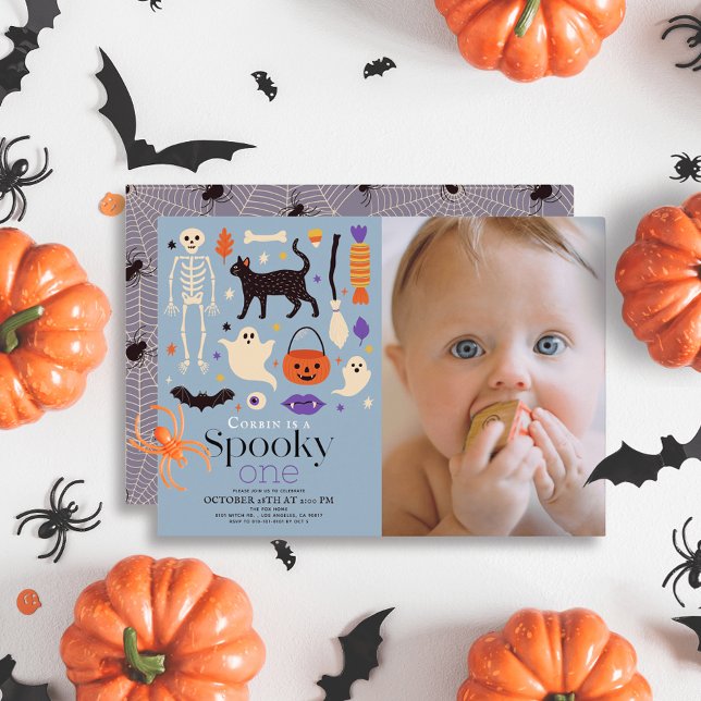 Spooky One Halloween Blue 1 Birthday Photo Inbjudningar (Skapare uppladdad)