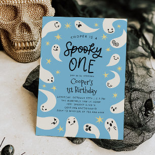Spooky ONE Halloween Blue Ghost Birthday Inbjudningar