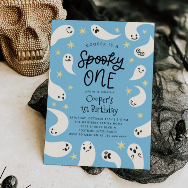 Spooky ONE Halloween Blue Ghost Birthday Inbjudningar (Skapare uppladdad)