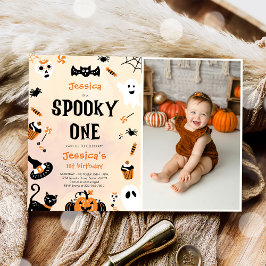 Spooky One Halloween Cute Ghost Birthday Photo Inbjudningar