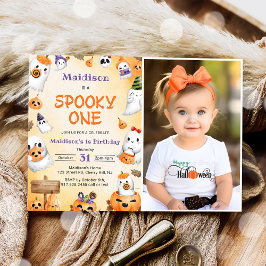 Spooky One Halloween Cute Ghost Birthday Photo Inbjudningar