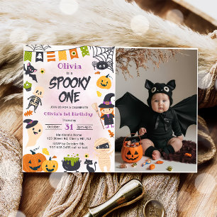 Spooky One Halloween Cute Ghost Birthday Photo Inbjudningar