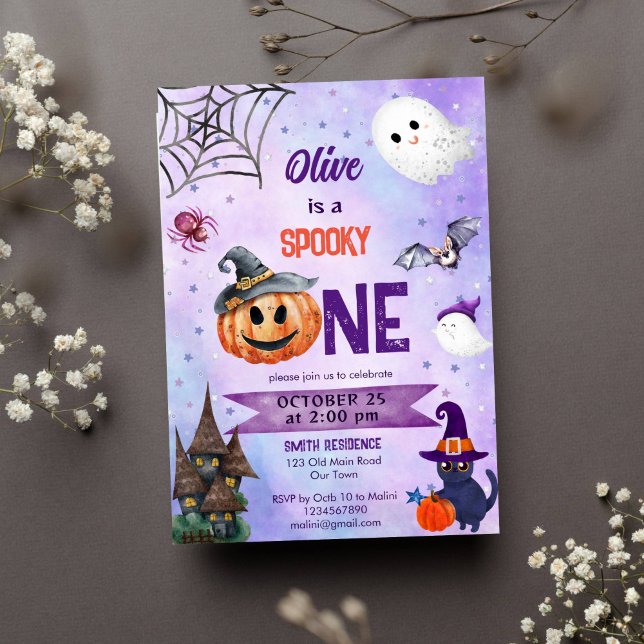 Spooky one Halloween-födelsedagsfest-mall Inbjudningar (Spooky one Halloween girls birthday party template invitation cute ghost pumpkin black cat bat)