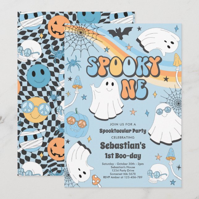 Spooky One Halloween Groovy Ghost 1:a Birthday Inv Inbjudningar (Fram/baksida)