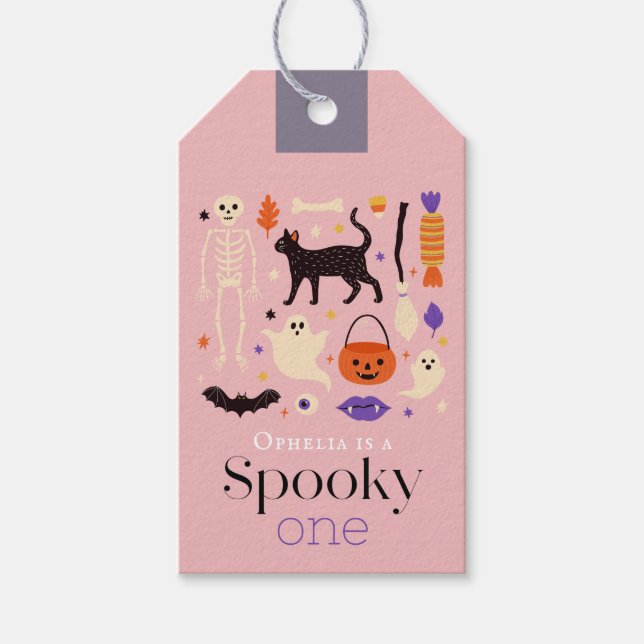 Spooky One Halloween Motifs Rosa 1:a födelsedagen Presentetikett (Framsidan)