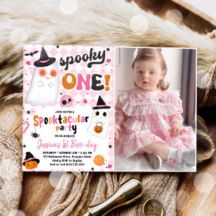 Spooky One Halloween Rosa Cute Ghost 1:a födelseda Inbjudningar