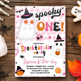 Spooky One Halloween Rosa Cute Ghost 1:a födelseda Inbjudningar