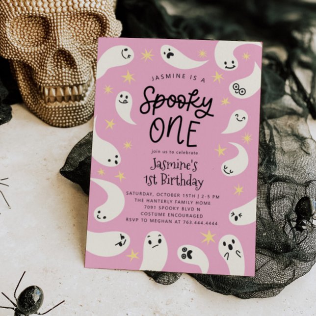 Spooky ONE Halloween Rosa Ghost Birthday Inbjudningar (Skapare uppladdad)