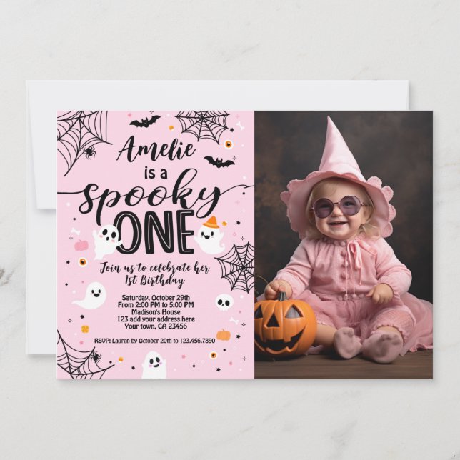 Spooky One Pink Ghost Halloween Invite with Photo Inbjudningar (Framsida)