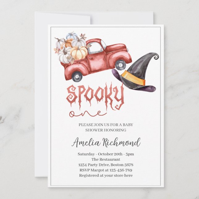 spooky one Red Pumpkin Pickup Lastbil Baby Shower Inbjudningar (Framsida)