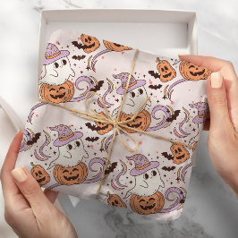 Spooky One Retro Ghost & Pumpkin Rosa Halloween Presentpapper