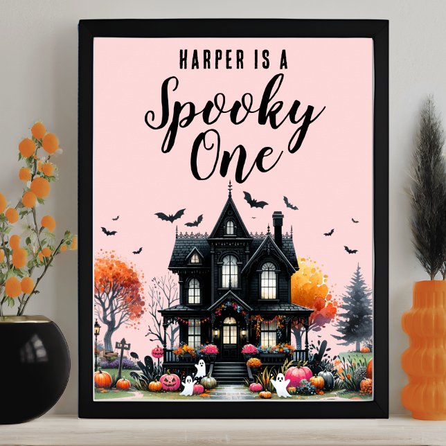 Spooky One Rosa Halloween Födelsedagsfest Sign Poster (Spooky One Pink Halloween Birthday Party Sign)
