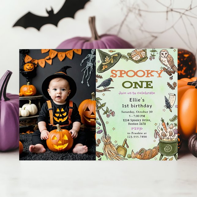 Spooky One Witch Halloween 1:a födelsedagsfoto Inbjudningar (Skapare uppladdad)