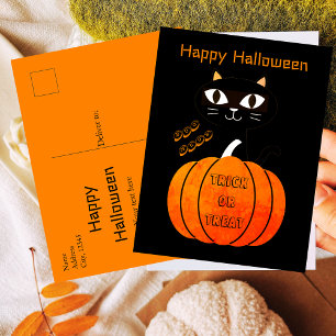 Spooky Orange Black Cat Bus eller godis Halloween Vykort