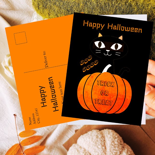 Spooky Orange Black Cat Bus eller godis Halloween Vykort (Skapare uppladdad)