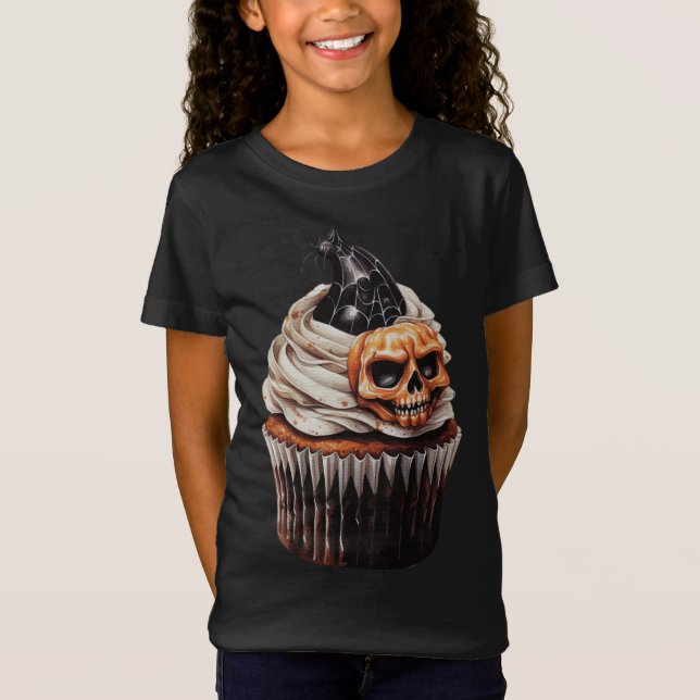 SPOOKY ORANGE & BLACK HALLOWEEN CUPCAKE T SHIRT (Framsida)