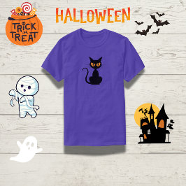 Spooky Orange-Eyed Black Cat Halloween T-Shirt