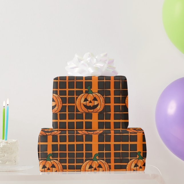 Spooky Orange och Black Checkered Halloween Patter Presentpapper (Festgåvor)