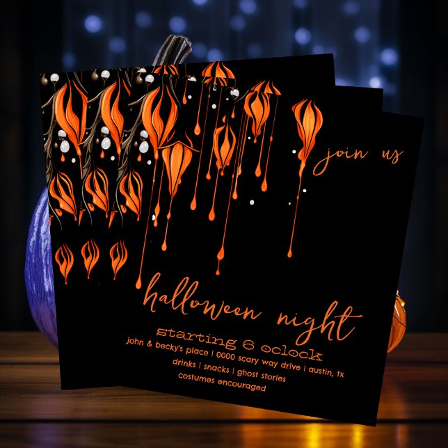 Spooky Orange och Black Paint Whimsical Halloween Inbjudningar (Enchanted spooky evening in orange and black Halloween night party invitation you customize. )