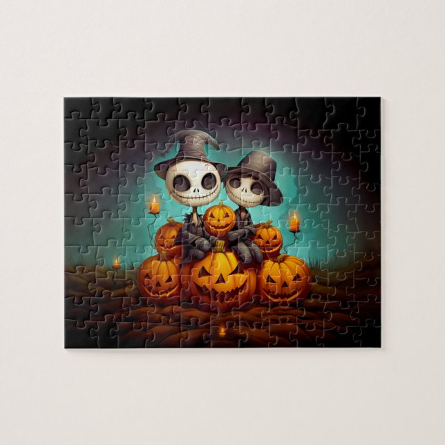 Spooky pagan-vänner firar happy halloween pussel (Horisontell)