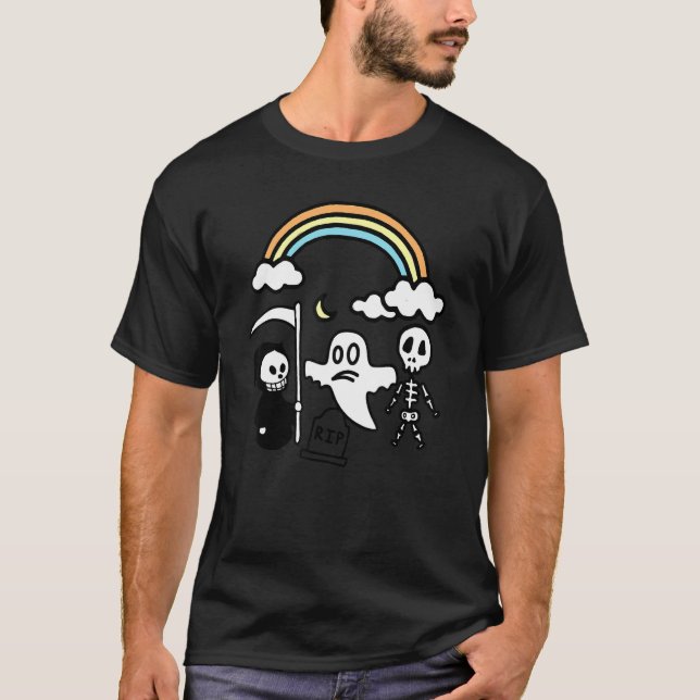 Spooky Pals Ghost Grim Reaper Rainbow T Shirt (Framsida)