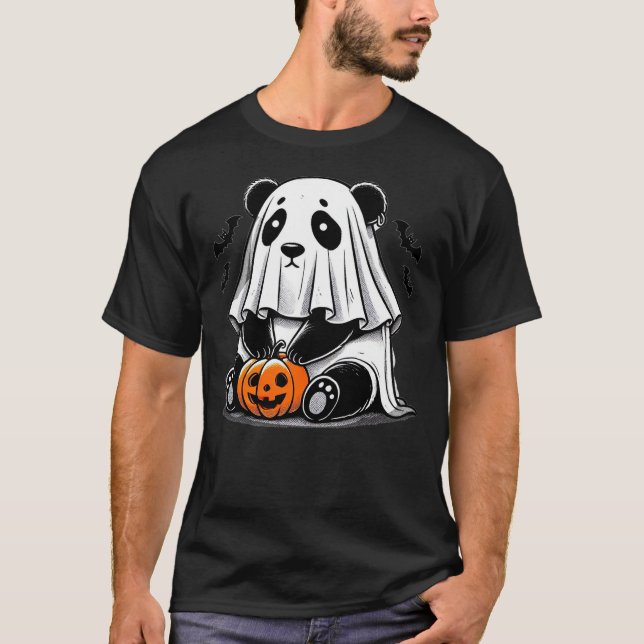 Spooky Panda Wearing A Ghost Halloween Costume Fun T Shirt (Framsida)