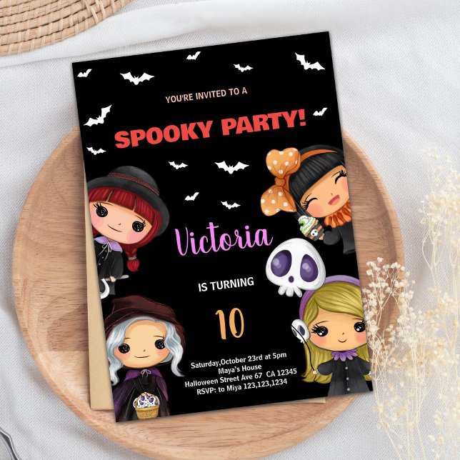 Spooky Party Black Halloween Birthday-inbjudningar Inbjudningar (Spooky Party Black Halloween Birthday Invitations)