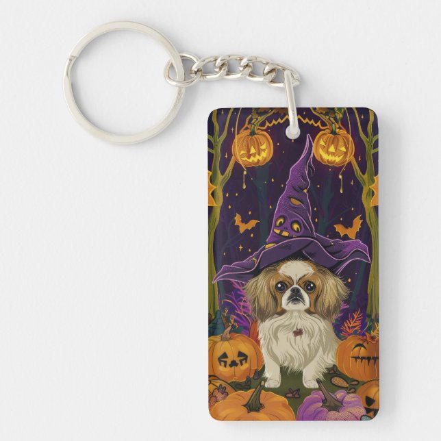 Spooky Pekingese Hund Halloween Witch och Pumpkin (Framsidan)